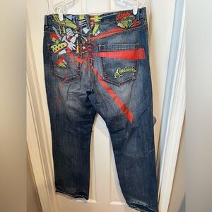 Akademiks Vintage Y2K Men's Denim with Red and Yellow Details 38